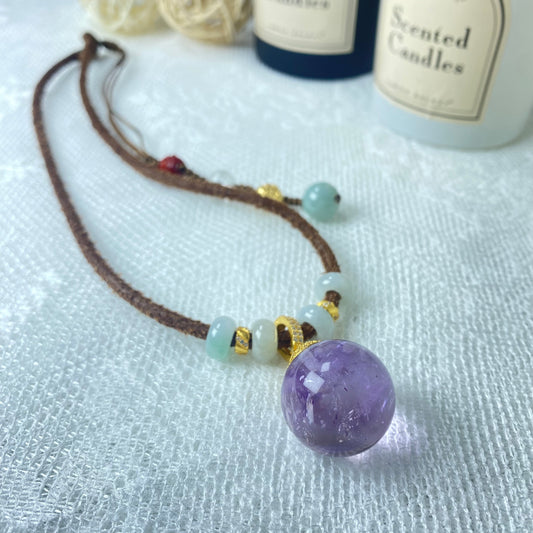 Natural Crystal Handmade 23mm Amethyst Necklace with Jade Adjustable Brown Cord