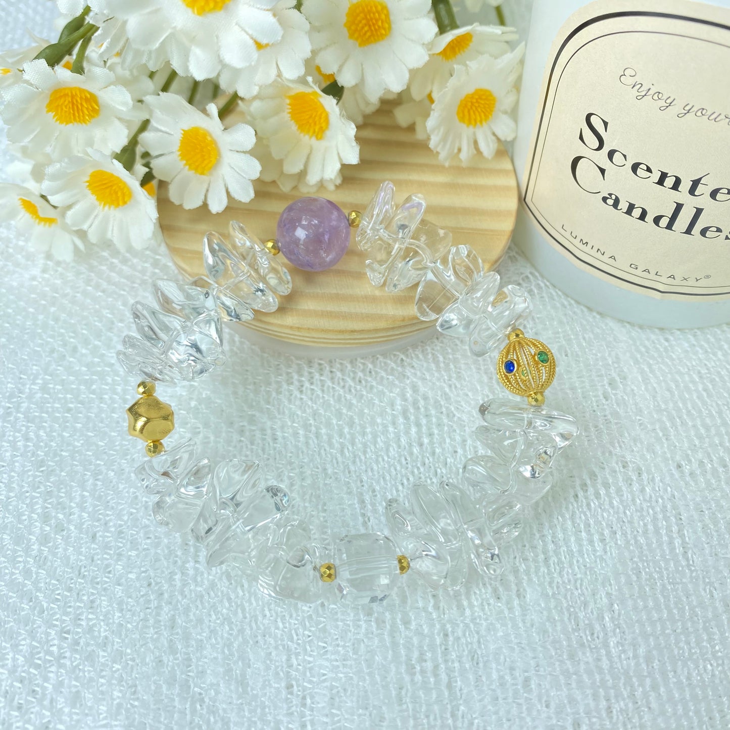 Clear Quartz Chips Amethyst Golden Granulation Techlonogy rounds Bracelet