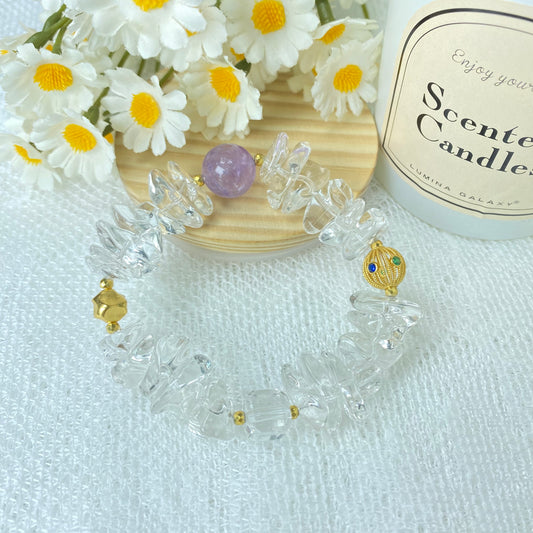 Clear Quartz Chips Amethyst Golden Granulation Techlonogy rounds Bracelet