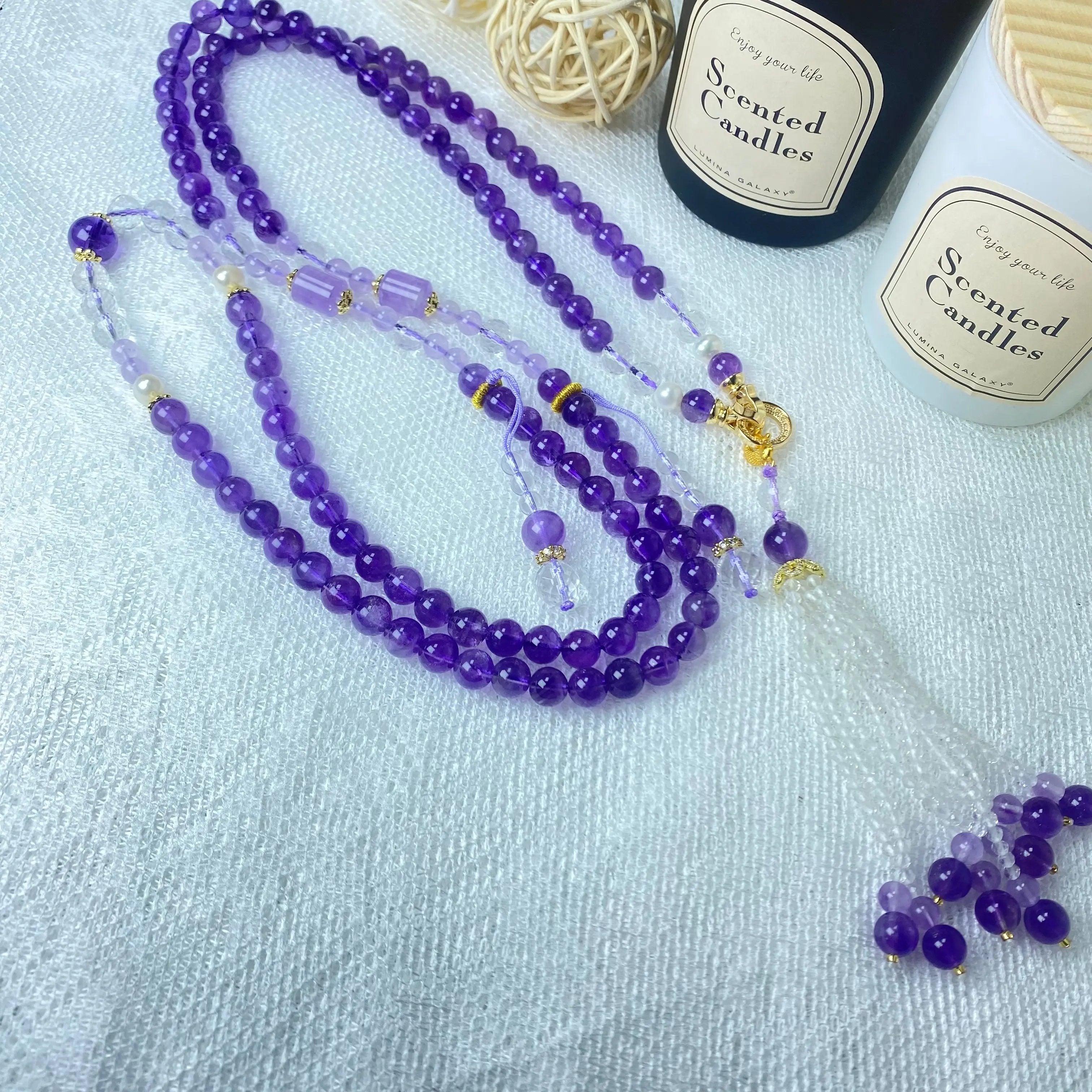 Natural Crystal Amethyst  Double Layered /Single Long 8mm Strand Necklace Universal Clasp Tassels