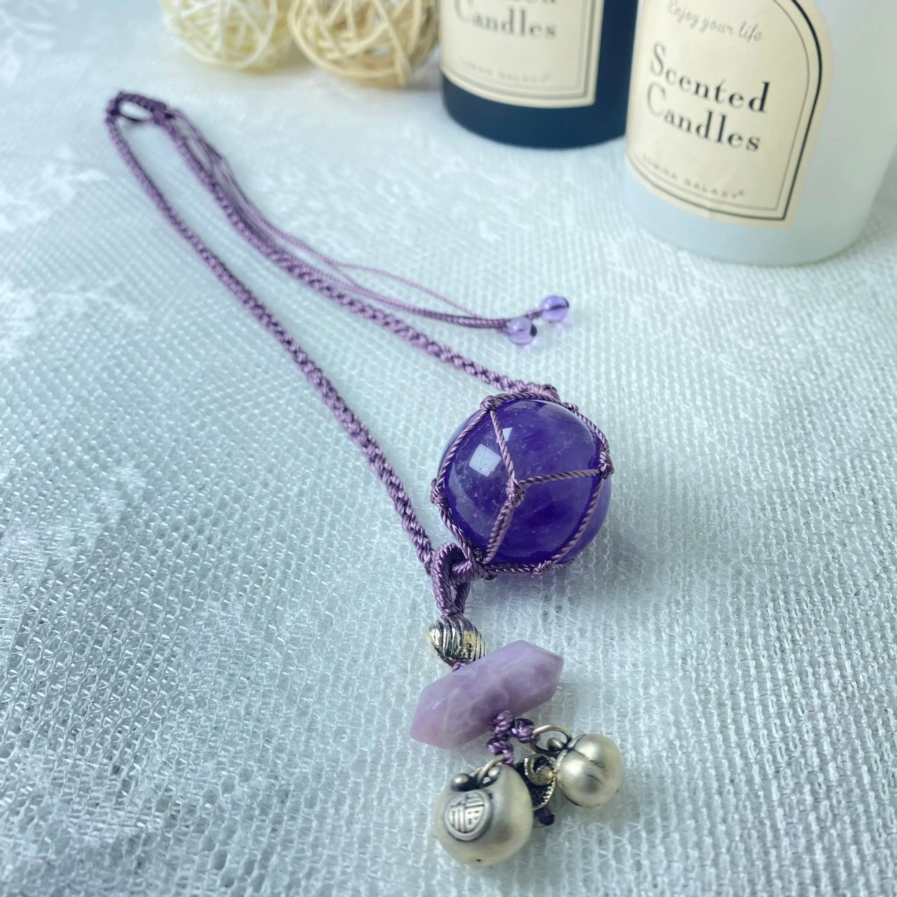 Natural Crystal 28mm Amethyst Dreamcatcher Style Adjustable Necklace
