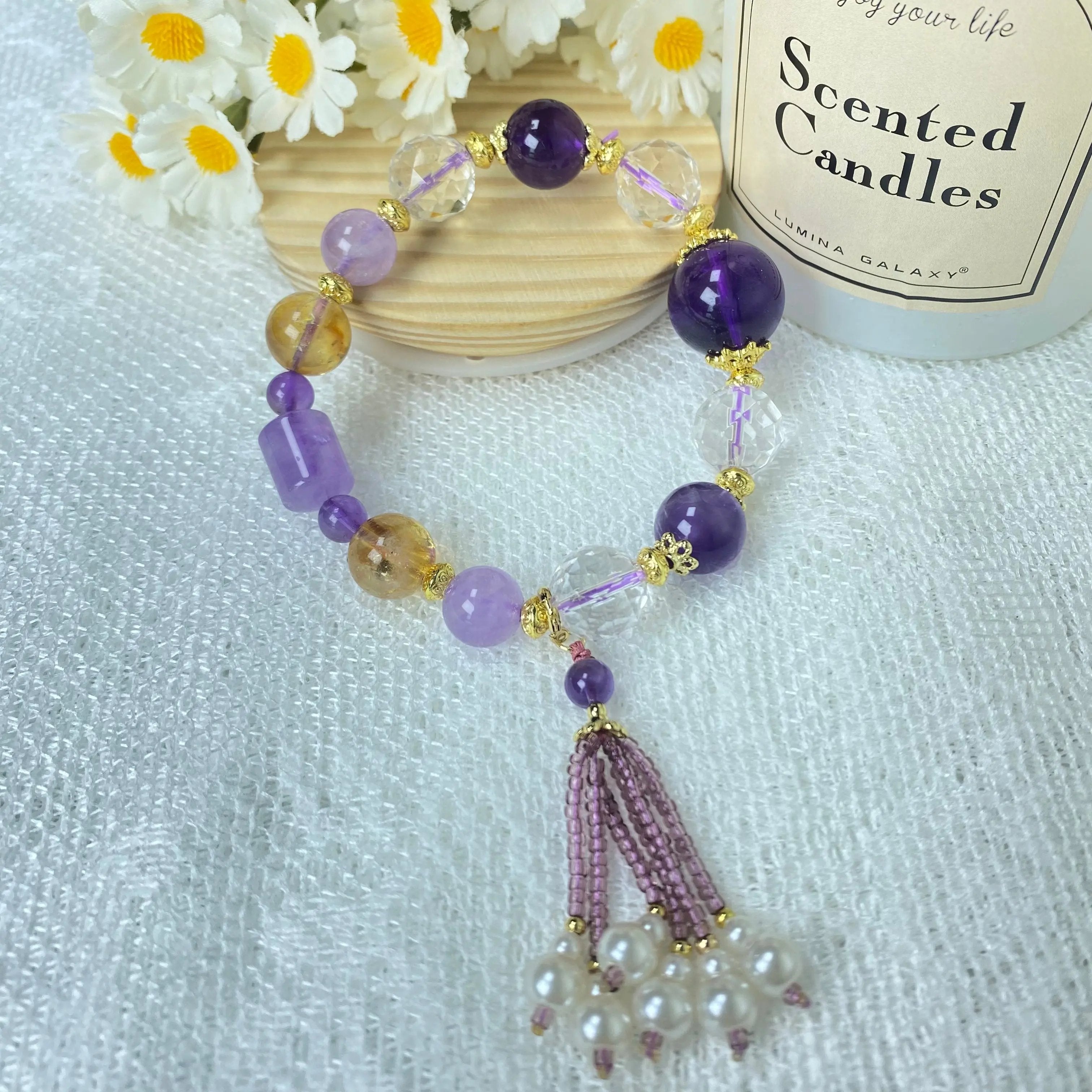 Natural Crystal Mysterious Amethyst&ClearQuartz&Citrine 10-16mm Violet Bracelet