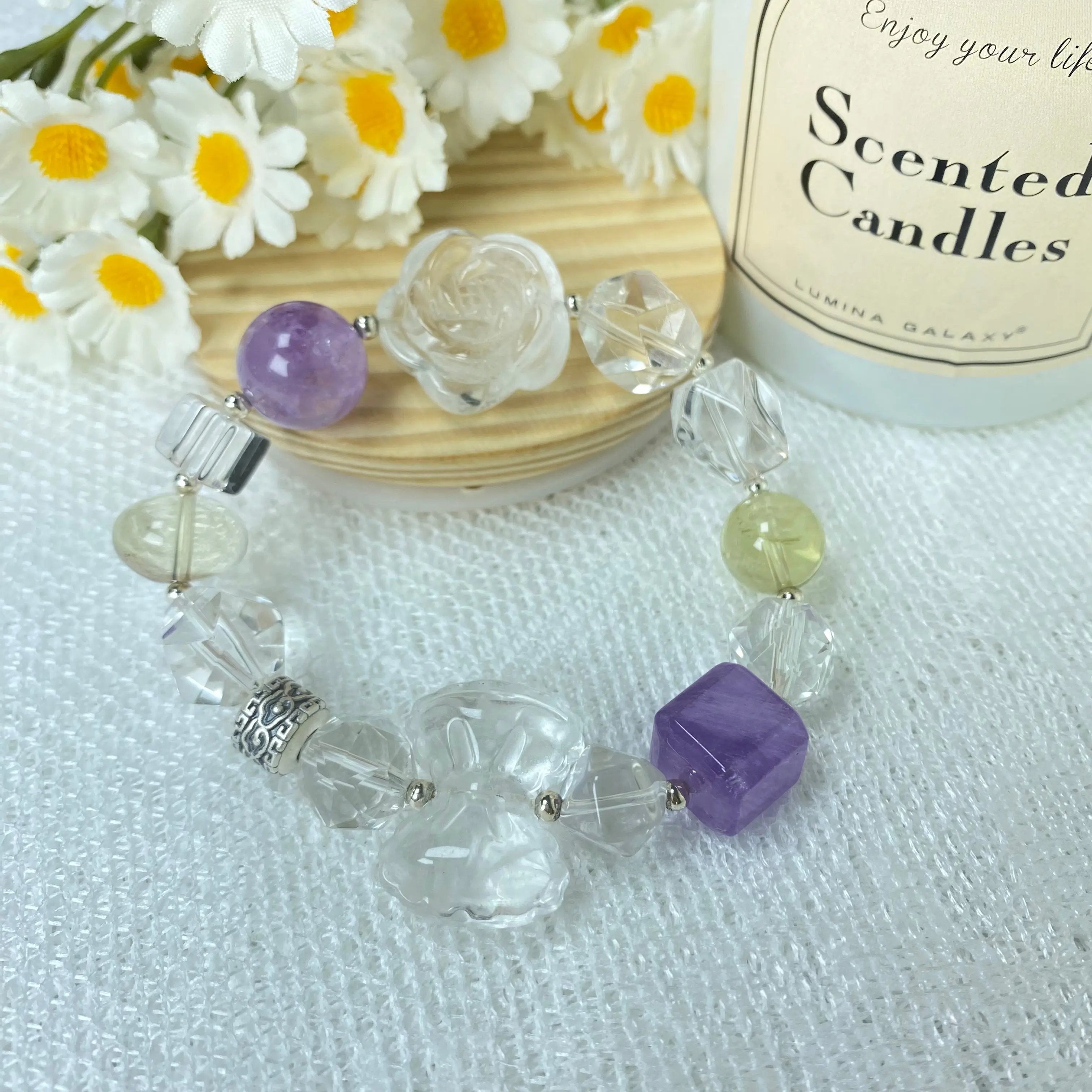 Natural Crystal Flower bow Amethyst Kissed Crystal 12mm Bracelet