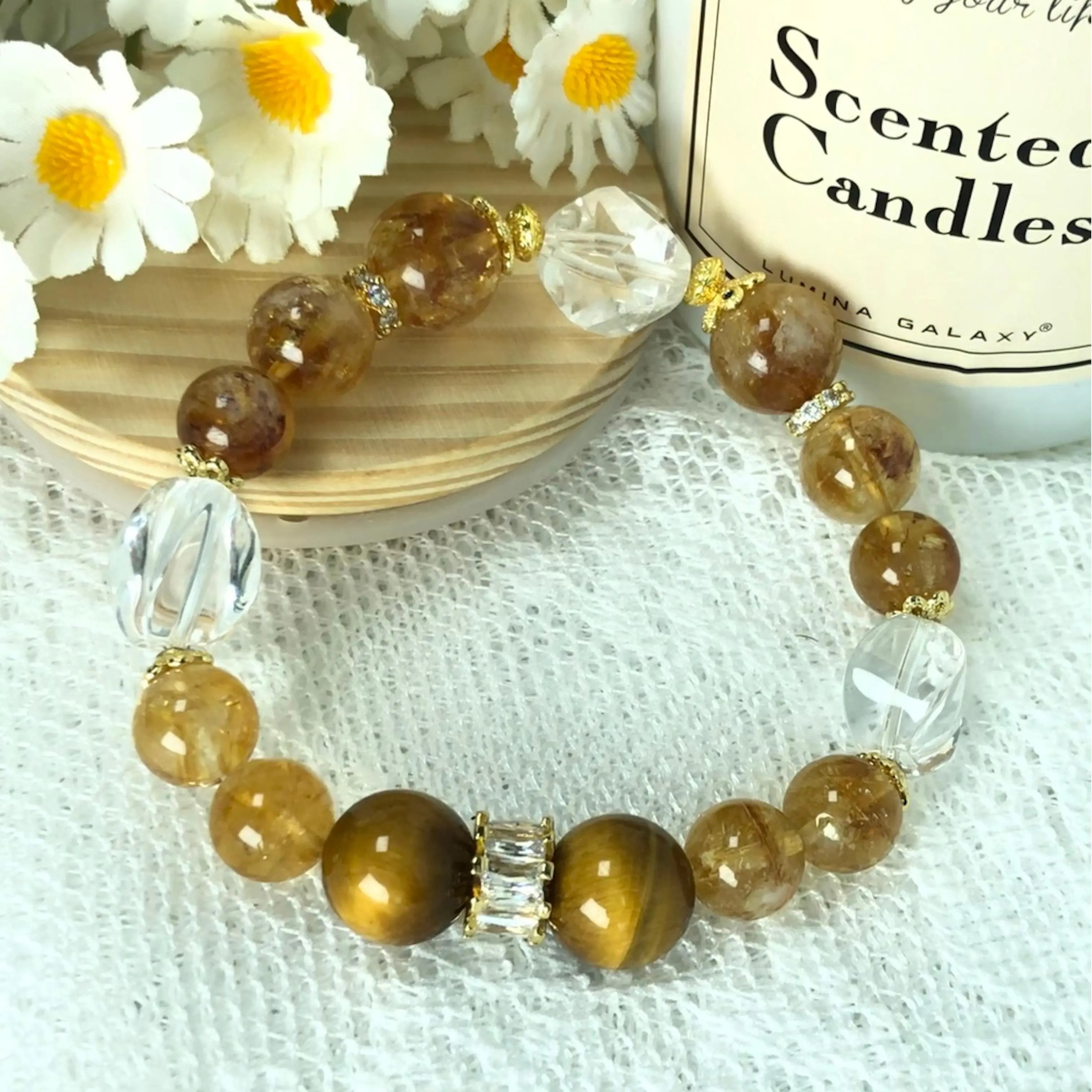 Golden Tiger Eye&Clear Quartz  8–12mm Solar System Guardian Bracelet